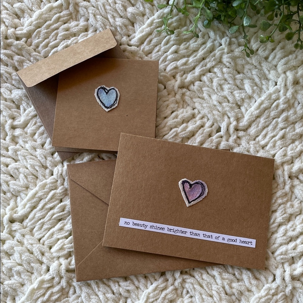 Handmade Greeting Card and Gift Card Embroidered Heart Brown Kraft Cardstock